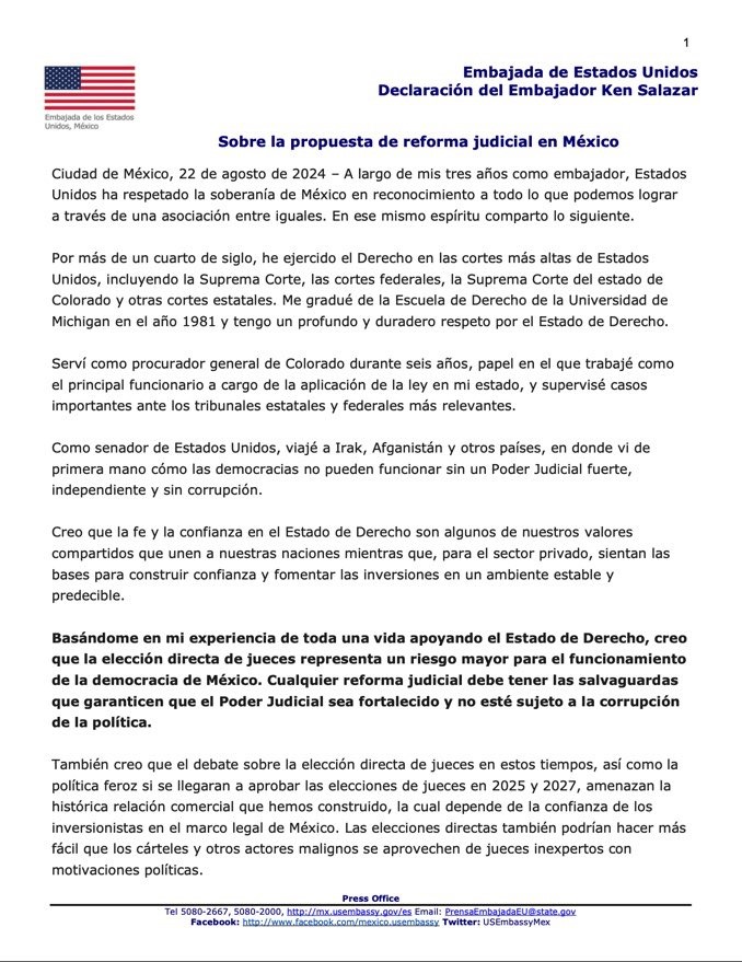 ELECCIÓN DE JUECES REPRESENTA UN RIESGO PARA LA DEMOCRACIA EN MÉXICO Y PARA LA INTEGRACIÓN ECONÓMICA CON EE.UU. Y CANADÁ: KEN SALAZAR
