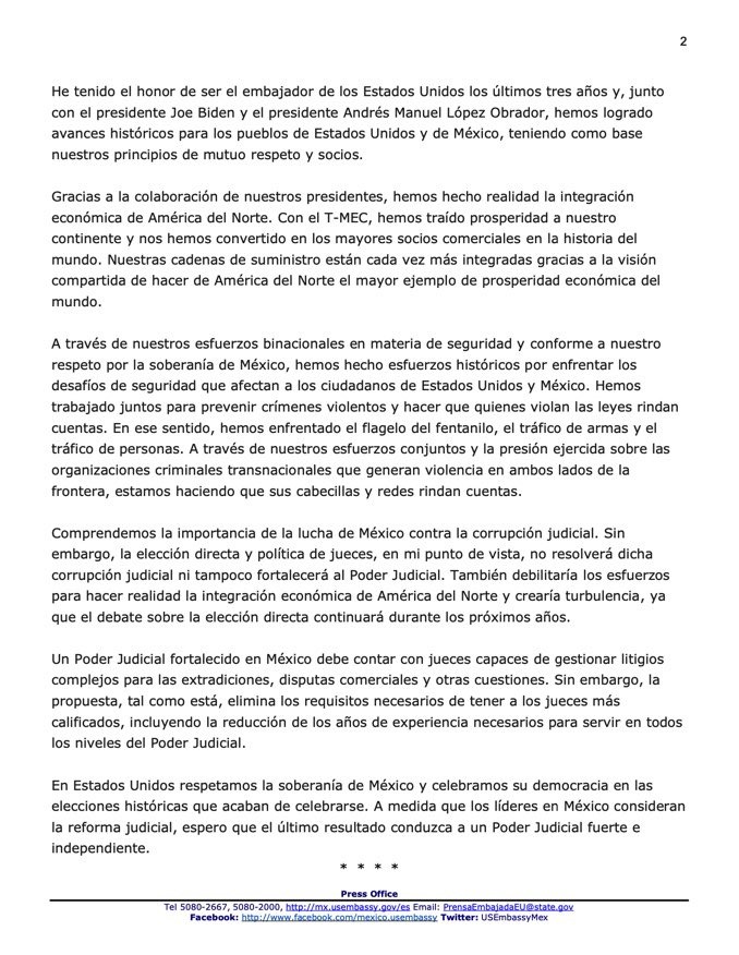 ELECCIÓN DE JUECES REPRESENTA UN RIESGO PARA LA DEMOCRACIA EN MÉXICO Y PARA LA INTEGRACIÓN ECONÓMICA CON EE.UU. Y CANADÁ: KEN SALAZAR